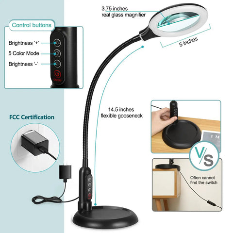 12X Magnifying Glass With Light And Clamp featuring 5 color modes, flexible gooseneck, real glass lens, control buttons highlighted.