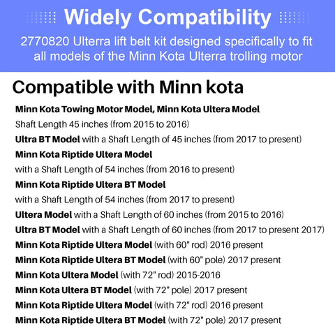 Compatibility chart for Lift Belt Replacement Kit For Ulterra Trolling Motors, listing compatible Minn Kota models and years.