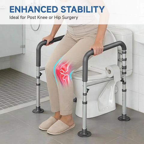 Premium Heavy Duty Steel Toilet Safety Rail For Seniors Bulletproof Bathroom Support Bar With Unshakable Grip Hella Tough Assist Handle For Elderly And Mobility Impaired Adults used beside a toilet for safety.