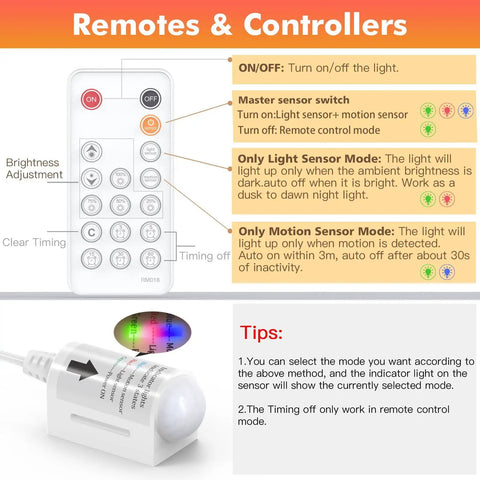 Remote and motion sensor for LED Strip Lights With Motion Sensor Remote And Adapter 16.4ft Warm White 3000K Dimmable Tape Lighting