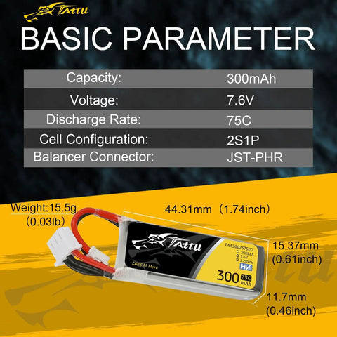 2S 7.6V 300mAh 75C LiPo Battery Pack With JST PHR Plug For Tiny RC Drones And Micro Cars Ultra Lightweight Power Cell