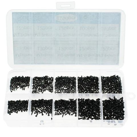 Carbon Steel Precision Screw Set with Phillips round head miniature self tapping screws M1 to M1.7 in a clear case