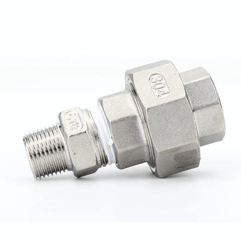 2 Pack 304 Stainless Steel Union Fittings 1 Inch NPT Male To 1 Inch NPT Female Cast Pipe Quick Connect Heavy Duty, Corrosion Resistant, Industrial Grade, Works From Minus 65 Degrees Fahrenheit To 250 Degrees Fahrenheit, shown threaded end view