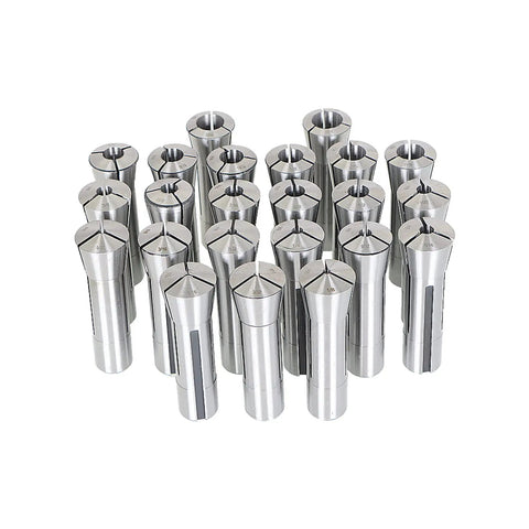 R8 Collet Set for Milling Machines, 23Pcs 1/16 To 3/4 Inch With Internal 7/16-20 UNF Thread arranged in a row