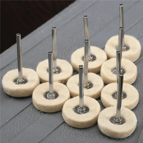 Pro Grade Wool Felt Polishing Wheel Kit 60 Pcs 25mm Buffing Wheels with 3mm shank neatly arranged on gray surface.