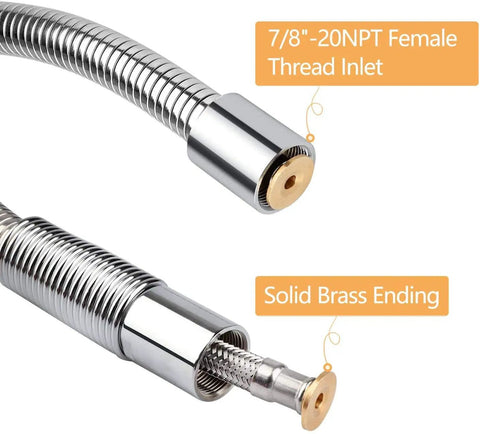 Close-up of 44 Inch Flexible Stainless Steel Pre Rinse Hose Replacement Kit with brass fittings for commercial kitchen sinks.