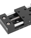 Built Tough Aluminum X Axis Sliding Table With Precision Manual Knobs For Micro Adjustments And Smooth As Silk Fine Tuning On Optical Gear And Measurement Stages close-up view of aluminum sliding table with precision knobs.