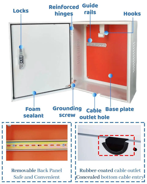 Interior view of Rock Solid Ev Charger Pedestal Stand with heavy duty steel enclosure, showcasing locks, hinges, and cable entry.