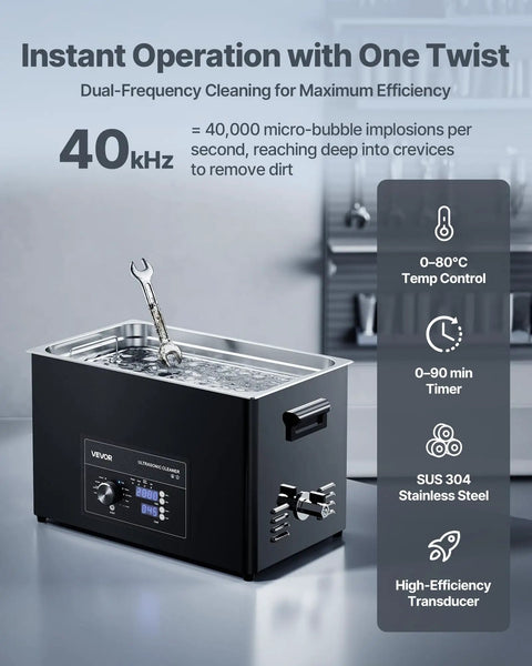 Pro Grade 30 Liter Ultrasonic Cleaner With 40 Khz Waves And Degassing Mode, stainless steel unit with digital controls and wrench inside.