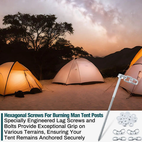 Lag Screws Three Eighths Heavy Duty Bolts With Chain Links And Washers Tent Stakes Kit for Burning Man camping desert scene.