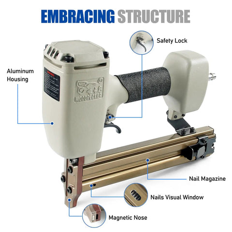 14 Gauge Concrete Nailer Kit With 400 Concrete T Nails 3/4 to 1-1/2 Inch displaying aluminum housing and nail magazine