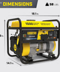 Portable 1500 Watt Generator With 120V 20A Outlet dimensions 18.1x16.9x14.1 inches, weighs 58 lbs, yellow and black design