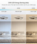 Compact 16 Inch Ceiling Fan With Lights And Remote App Control shown with cold, natural, warm light options over a bed