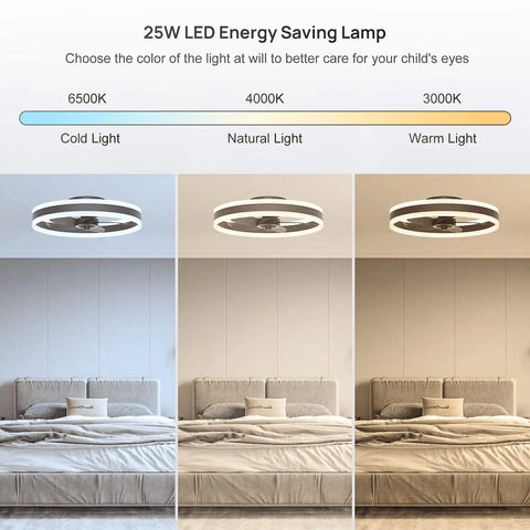 Compact 16 Inch Ceiling Fan With Lights And Remote App Control shown with cold, natural, warm light options over a bed