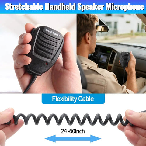 Man using Ham Radio Speaker Microphone For UV 9G UV 9R Pro Walkie Talkies Rugged 2 Pack with 360 Degree Rotating Clip, stretchy cable