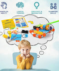 Child imagining a Five In One Hands On Robot STEM Kit Set For Kids Ages 8 To 12 with colorful components on a table.