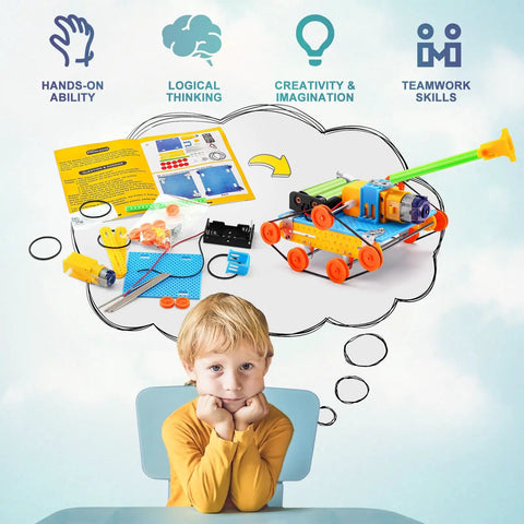 Child imagining a Five In One Hands On Robot STEM Kit Set For Kids Ages 8 To 12 with colorful components on a table.