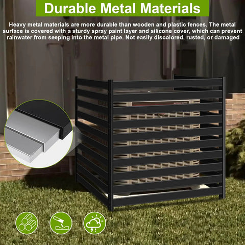 Outdoor AC Unit Fence Screen Set, 3 Panels, heavy duty metal square design around air conditioner on grass