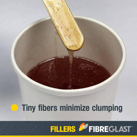 Mixing Milled Fiberglass Filler For Gel Coat And Auto Surface Repair in cup, showcasing clump-free resin compatibility.