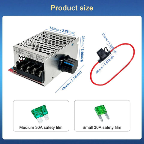 Brushed DC Motor PWM Speed Controller 7-70V 30A Adjustable Variable Speed Module dimensions and fuse sizes