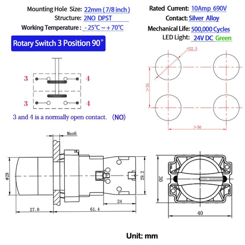 Technical diagram of 10 Amp 3 Position Rotary Switch with Green LED Light, 22mm Mounting Hole, IP65 Waterproof, dimensions in mm.