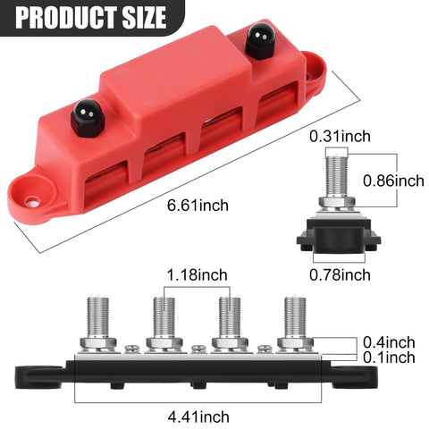 Heavy Duty 250A 12V Power Distribution Block With Four 5/16 Studs Solid Build Marine And Solar Wiring Assembly size measurements
