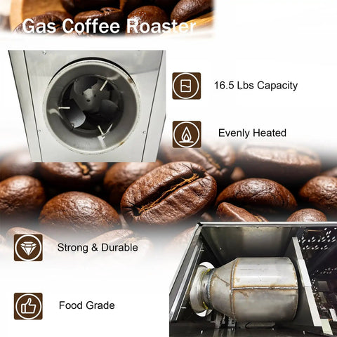 Heavy Duty Commercial Gas Coffee Roaster For Beans Nuts And Seeds Featuring Precise Temperature Control, 16.5 lbs capacity and durable design.