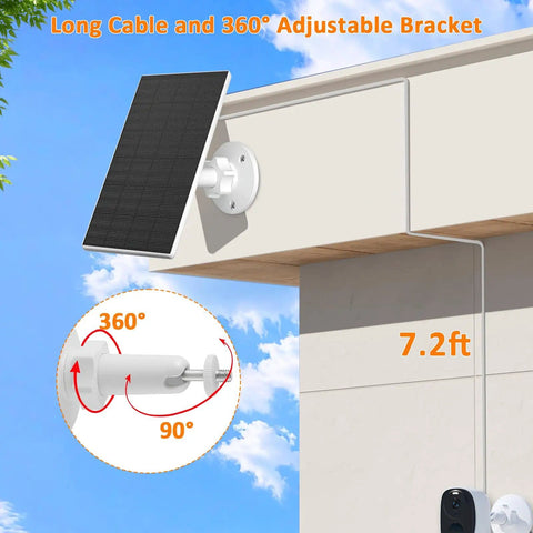2W Solar Panel For Security Cameras, Solar Charger With Micro USB And USB C Port, mounted outdoors with 7.2ft cable.