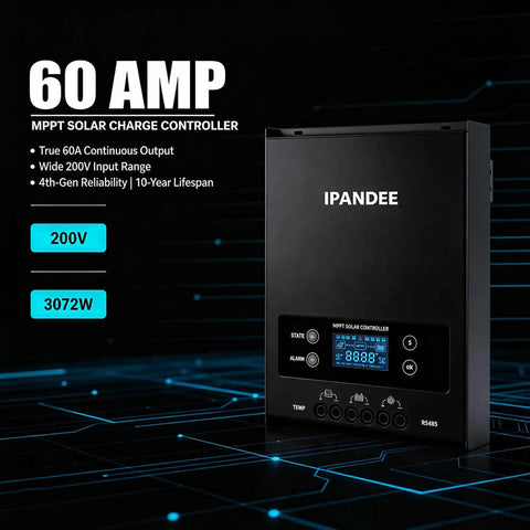 IPANDEE 60 Amp MPPT Solar Charge Controller with 200V Max Input, LCD Display, 99.9% Efficiency, Auto Detect 12V-48V