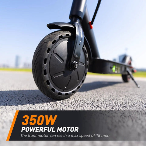 Close-up of 8.5-inch tire and motor on Long Range Electric Scooter For Adults Who Want To Cruise With 21 Mile Per Charge, 350W Motor, 18 MPH Top Speed, Smooth Braking, 8.5 Inch Pneumatic Tires, Foldable Lightweight Commuter Scooter For Campus And City