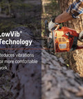 460 Rancher Gas Powered Chainsaw With 60.3 cc 3.6 HP 2 Cycle X Torq Engine 24 Inch Bar Automatic Adjustable Oil Pump in use cutting a tree with LowVib technology.