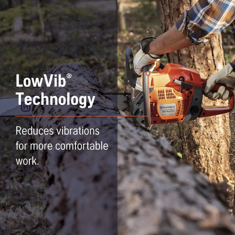460 Rancher Gas Powered Chainsaw With 60.3 cc 3.6 HP 2 Cycle X Torq Engine 24 Inch Bar Automatic Adjustable Oil Pump in use cutting a tree with LowVib technology.