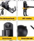 Four features of Six Pack Motorcycle Helmet Rack Wall Mount With 180 Degree Rotation And Dual Hooks in close-up view