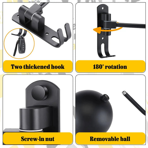 Four features of Six Pack Motorcycle Helmet Rack Wall Mount With 180 Degree Rotation And Dual Hooks in close-up view
