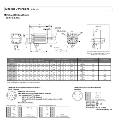 CHUNYE SGMSV-40ADA61 4kW servo motor; front, side and shaft-end dimensions.