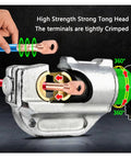 Close-up of Elukht In Type Electric Hydraulic Pliers Terminal Crimping Machine showing strong tong head securely crimping terminals.