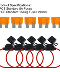 5 Pack Inline Fuse Holders With 16 AWG Waterproof Design And 5A ATC ATO Blade Fuses displayed with fuses and holders.