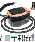 Heavy duty handheld steam cleaner with 1800ML tank and various attachments for deep cleaning floors and car interiors.