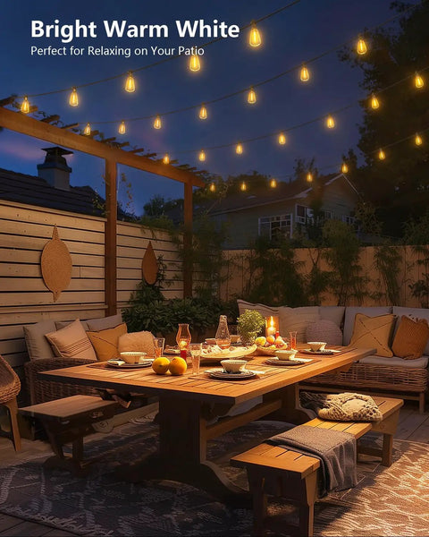 100 Feet Solar String Lights For Outdoor Use Waterproof With Remote Dimmable And Timable Three Lighting Modes 31 And 2 Shatterproof LEDs over patio setting