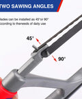 Close-up of 12 Inch Hacksaw With Extra Bi-Metal Blades, Heavy Duty Aluminum Frame, showing adjustable 45 and 90 degree angles.