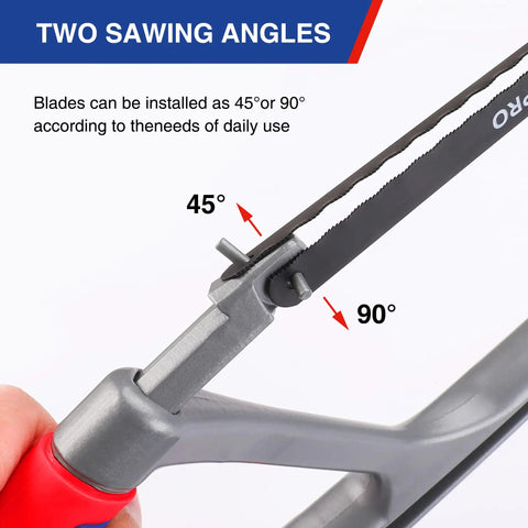 Close-up of 12 Inch Hacksaw With Extra Bi-Metal Blades, Heavy Duty Aluminum Frame, showing adjustable 45 and 90 degree angles.