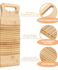 No Sweat Bamboo Washboard For Hand Washing Clothes With Non Slip Base and Deep Grooves, showing eco-friendly bamboo material and hanging hole.