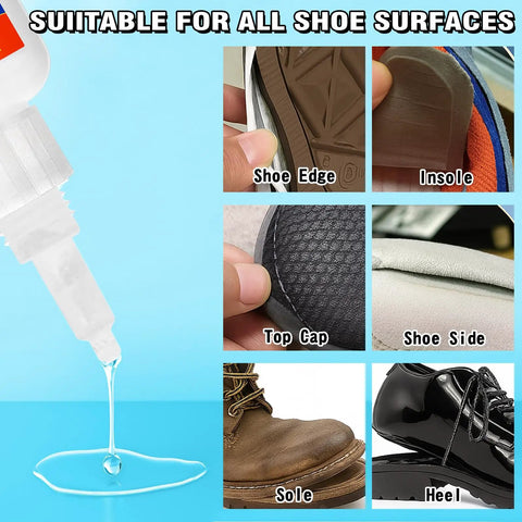 Heavy Duty Shoe Glue For Boots And Sneakers, Waterproof Bond For Leather Rubber And Fabric, shown being applied to shoe parts