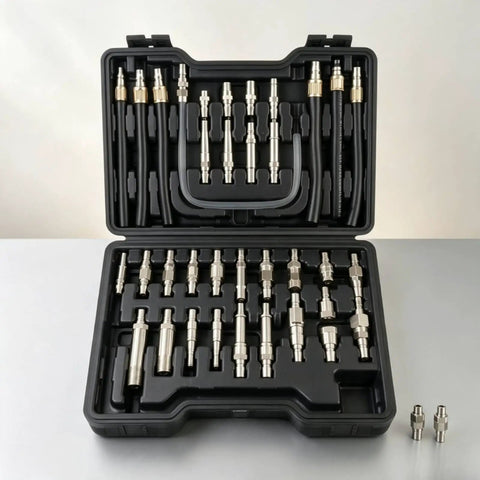 Baoblaze 39 Piece Automatic Transmission Fluid Machine Adapter Kit With Flexible Black Hoses And Metal Hardware for gearbox service.