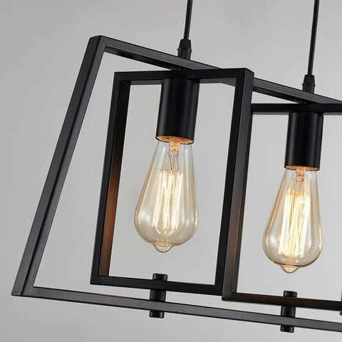 Modern Industrial 3-Light Pendant Light Fixture With Adjustable Height, Matte Black Cage Over Table Dining Room Kitchen Island, Open Rectangular Frame, Dope Living Room Foyer Lighting