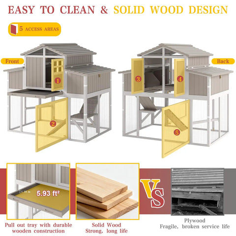 Front and back view of spacious wooden chicken coop with run and four nesting boxes, elevated main coop over ground run