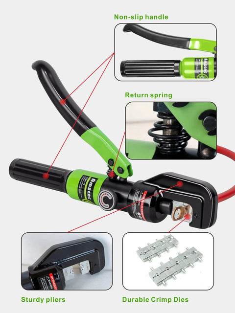 Image of 10 Ton Hydraulic Battery Cable Lug Crimping Tool Kit with 9 Die Sets, showing non-slip handle and durable crimp dies.
