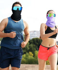 Two people running outdoors wearing 24 Piece Polarized Sports Sunglasses And Breathable Neck Gaiter Face Mask Set For Men Women Your Best Go To Outdoor Gear For Hiking Cycling Running Fishing Driving.