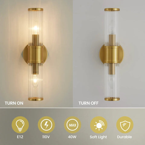 Golden Glass Shade Wall Sconce Lighting For Bathroom Vanity, Modern Gold Finish, 17.7 Inch Long, E12 Socket, Bulbs Not Included