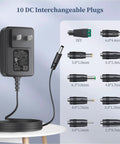 24V 1A Power Adapter With 24W Output Regulated Switching Wall Charger Includes 10 DC Tips, black AC plug and cable